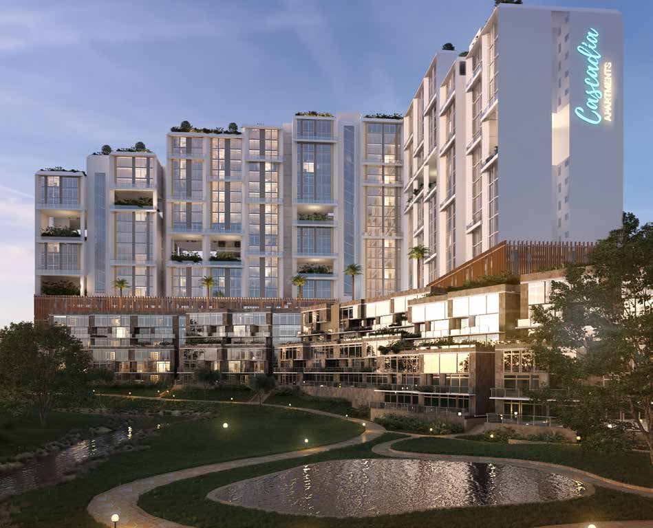 Cascadia Apartments: Towers and water garden (developer render)
