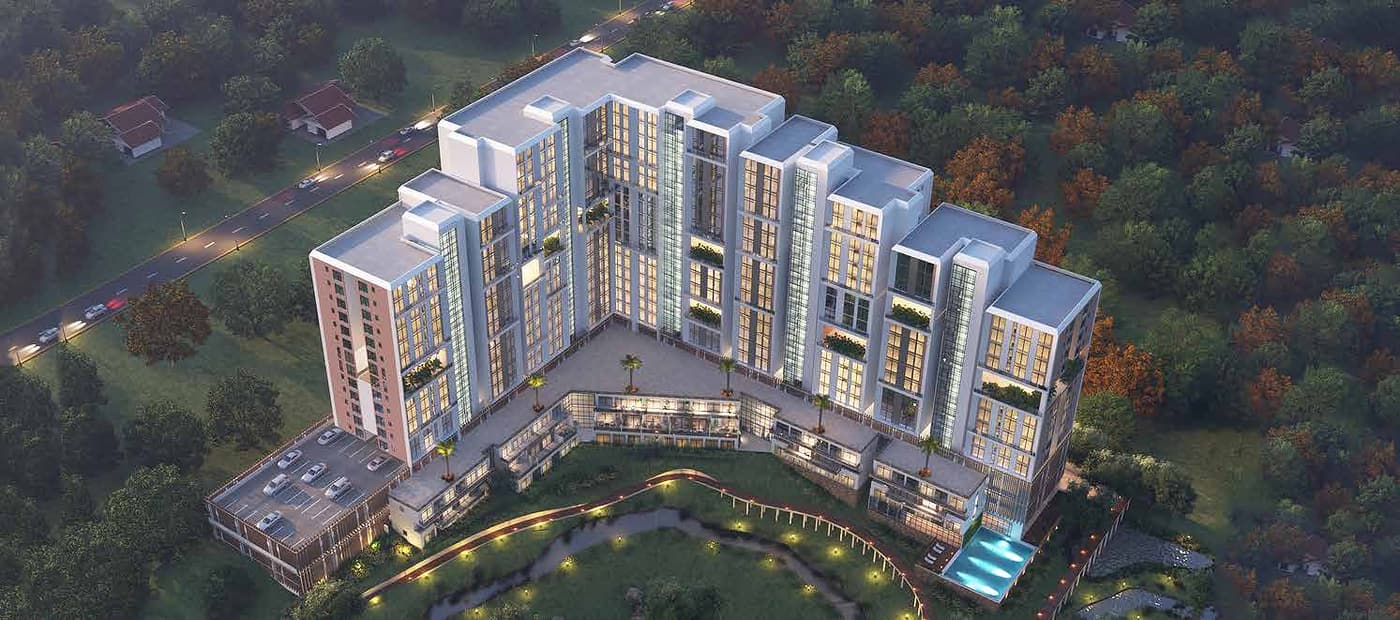 Cascadia Apartments: Aerial view at dusk (developer render)