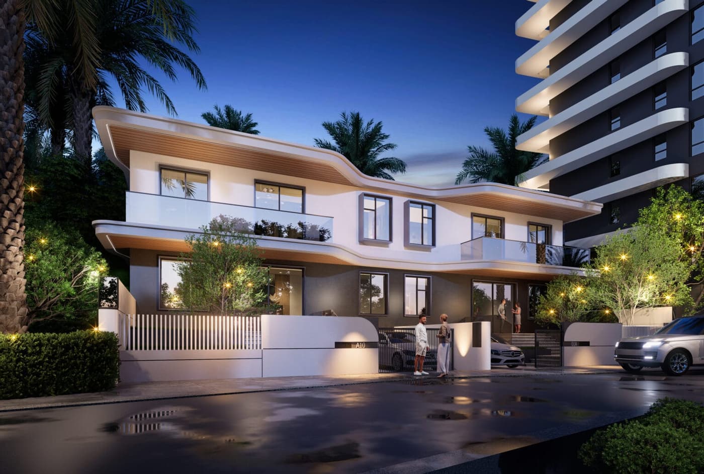 Opulent Park Phase I: Semi-detached villas at dusk (developer render)